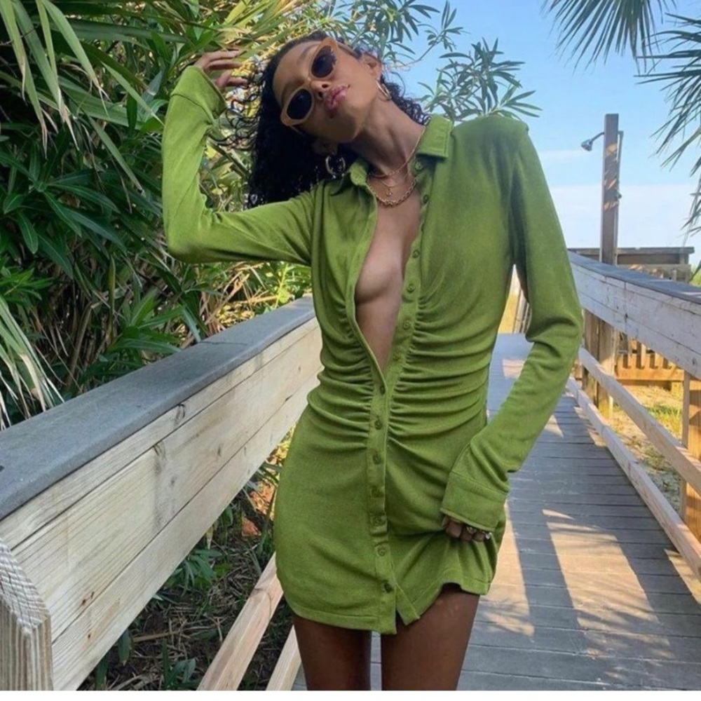 Scrunched Olive Green Velvet Mini Dress MEDIUM